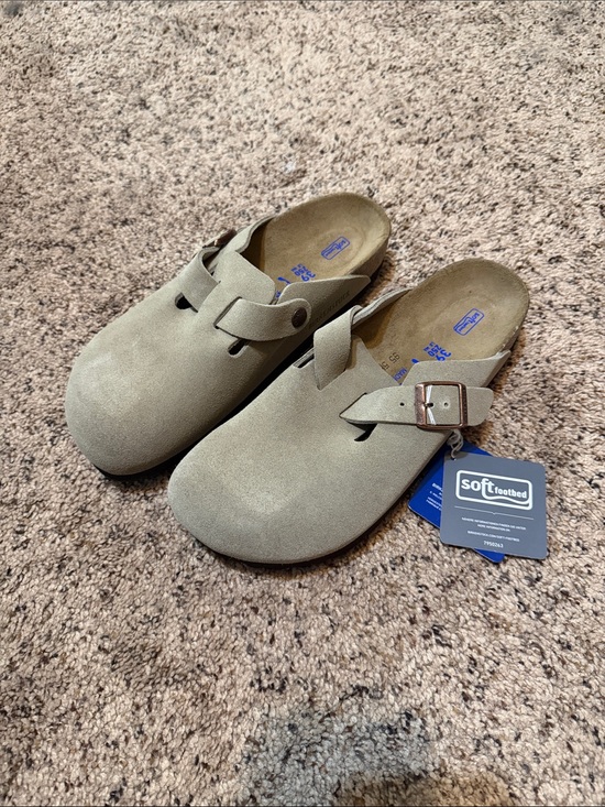Birkenstock Shoes - Birkenstock Soft Footbed Suede Slip-On Clogs in Taupe